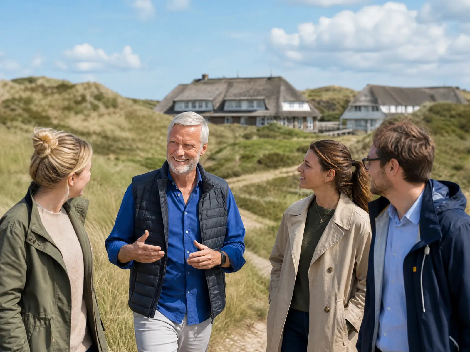 Norbert Struck im Gespräch mit Seminarteilnehmenden in den Dünen vor der Akademie am Meer auf Sylt