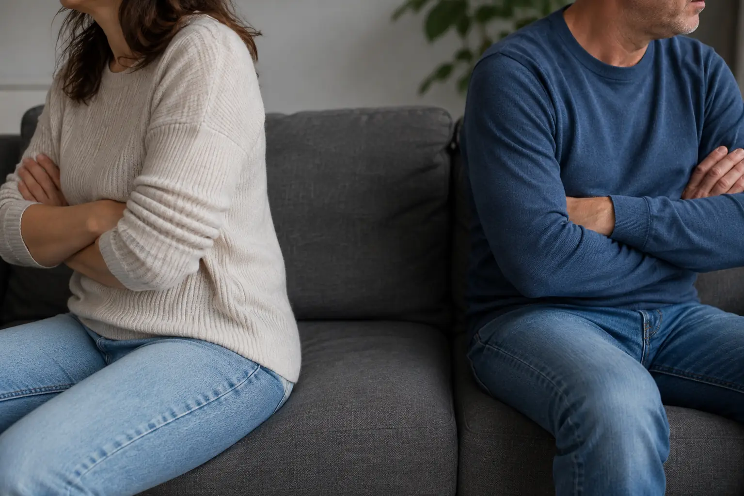 Frustriertes Paar sitzt mit verschränkten Armen auf der Couch und wendet sich voneinander ab – Symbol für Konflikte und Kommunikationsprobleme