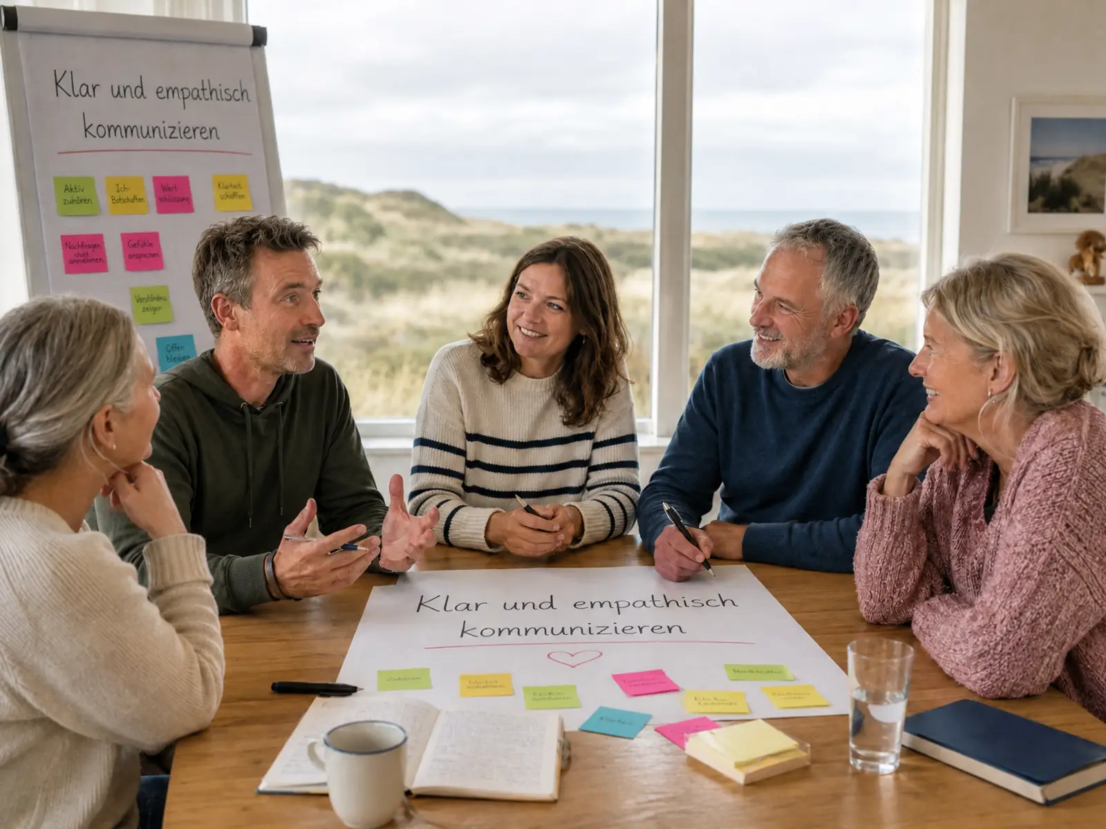 Fünf Seminar-Teilnehmende in lebendiger Gesprächsrunde am Tisch, Flipchart mit 'Empathische Kommunikation' im Hintergrund